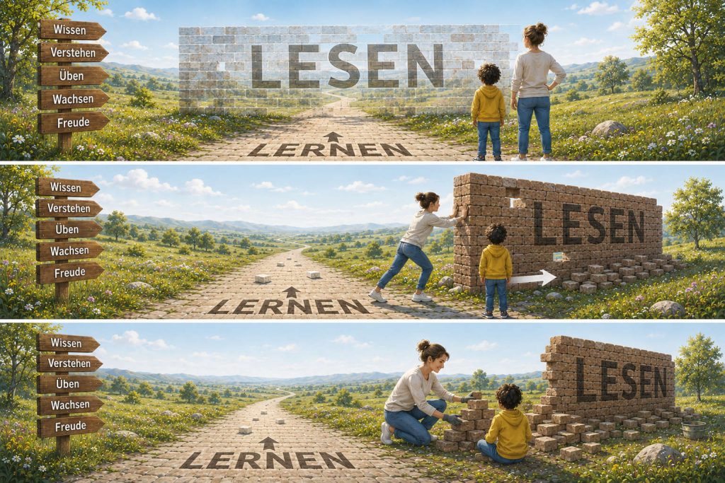 Ki generiertes Bild zum Thema 
Die Bedeutung der Lesefähigkeit für erfolgreiches Lernen. Es zeigt einen Weg, auf dem Lernen steht und dem eine transparente Mauer im Weg ist, auf der Lernen steht. Die Mauer wird von einer Frau beiseite geschobenen gemeinsam mit einem Kind am Wegesrand abgebaut, der Lernweg ist frei.